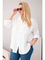 Dámske bavlnené tričko s golierom a čipkovou vložkou v bielej farbe