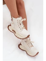 Skórzane Ocieplane Botki Damskie Na Platformie GOE SS2N4300 Jasnobeżowe