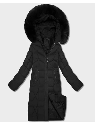Dámska dlhá bunda s kapucňou čierna (7665#-F06)