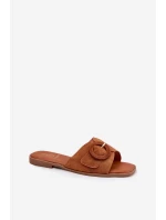 Klapki Damskie Na Płaskim Obcasie Z Klamrą Camel Lanoni