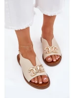Sandały Damskie Na Płaskim Obcasie Ze Złotą Ozdobą Beżowe Amelira