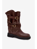 Marszczone Kozaki Damskie Do Połowy Łyski Z Paskami I Klamrami Brązowe Halvessa