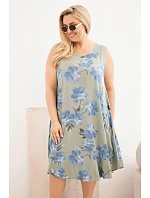 Dámske plus size viskózové šaty s kvetinovým vzorom na khaki ramienkach