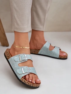 Materiałowe Klapki Na Korkowej Podeszwie Z Klamrami Miętowe Atera