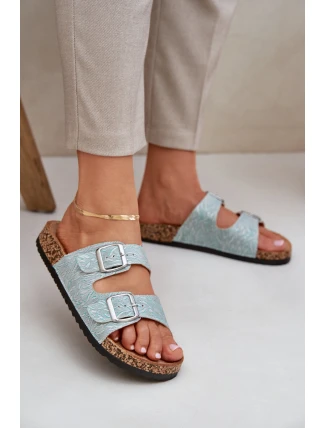 Materiałowe Klapki Na Korkowej Podeszwie Z Klamrami Miętowe Atera