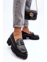 Damskie Skórzane Półbuty Loafersy Z Ozdobą Laura Messi 2699 Czarne