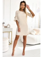 217-10 NEVA Trapézové šaty s rozšírenými rukávmi - béžové s trblietkami