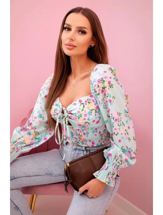 Dámska španielska blúzka s kvetinovým vzorom, dlhý rukáv, mentolová