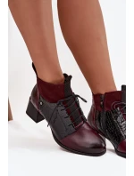 Zazoo 60503 Skórzane Botki Na Obcasie Ocieplane Bordowe