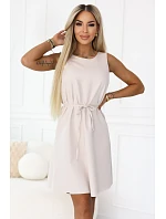 296-17 VICTORIA Trapézové šaty bez rukávov s opaskom - béžové