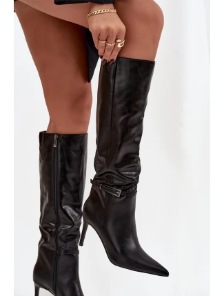 Dámské kozačky na podpatku s páskem černé Lisanne