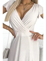 411-4 CRYSTAL trblietavé dlhé šaty s výstrihom - BEACH