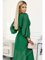 414-3 KLARA plisované šaty s opaskom a výstrihom - SVETLE ZELENÉ