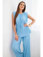 Dámska plisovaná súprava z viskózy s blúzkou na zaväzovanie a širokými nohavicami modrá