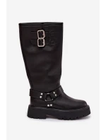 Kožené dámské kozačky s přezkami zateplené Big Star OO274A180 černé Kožené dámské kozačky s přezkami zateplené Big Star OO274A180 černé