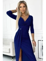 404-8 Dlhé trblietavé šaty s výstrihom a rozparkom na nohách - CHABRA s trblietkami