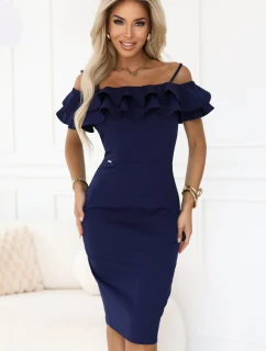 599-3 CARMEN Priliehavé midi šaty v španielskom štýle - tmavomodré