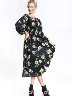 Čierno-béžové dámske kvetinové kimono šaty s okrúhlym výstrihom Ann Gissy (XY202116)
