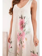 Dámske bavlnené oversize šaty s výstrihom do V a kvetinovou potlačou v béžovej farbe