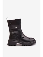 Botki Damskie Eko Skórzane Na Zamek Z Ozdobnymi Detalami Czarne Reritha