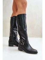 Kozaki Damskie Przed Kolano Na Płaskim Obcasie Z Klamrami Czarne Lotina