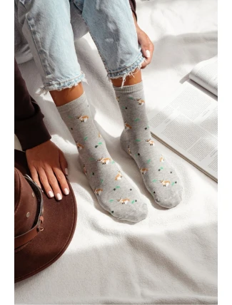 Skarpetki Damskie W Lisy I Liście Szary Melanż