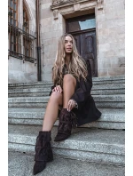 Dámské kotníkové boty na podpatku s třásněmi a zlatými přezkami čokoládové Evelisse