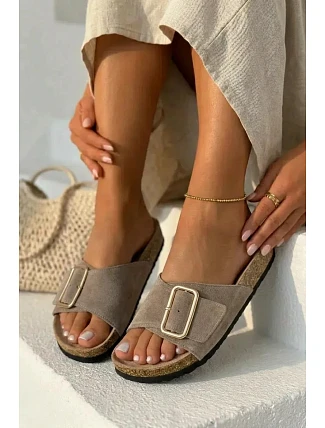 Kožené semišové dámské pantofle s přezkou tmavě béžové Beryl