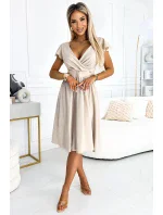 425-7 MATILDE Šaty s výstrihom a krátkymi rukávmi - béžové