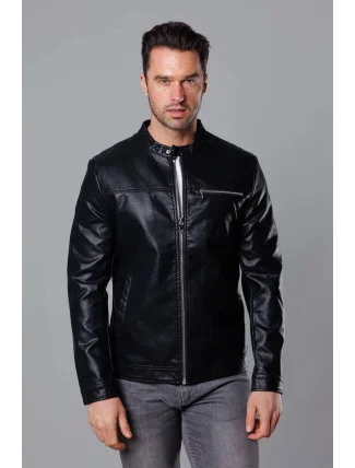 Klasická čierna pánska bunda z eko kože (11Z8025)