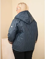 Dámska bunda vo veľkosti Plus Size s kapucňou a leopardovým lemovaním, modrá