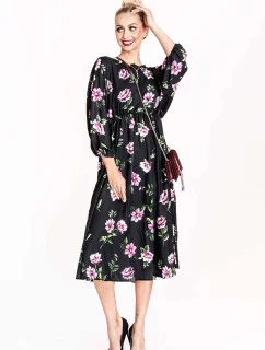 Ann Gissy Kvetinové kimono šaty s okrúhlym výstrihom čierne/ružové (XY202116)