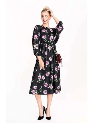 Ann Gissy Kvetinové kimono šaty s okrúhlym výstrihom čierne/ružové (XY202116)