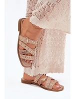 Zdobione Klapki Damskie Na Płaskim Obcasie Z Paskami I Klamrą Beżowe Manitte