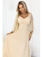 Dlhé ľahké trblietavé šaty 655-4 béžová - Numoco