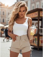 Dámske bavlnené šortky s viazaním STYLE SHORTS béžové FashionStreet SY0391 Dámske bavlnené šortky s viazaním STYLE SHORTS béžové FashionStreet SY0391