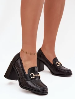 Półbuty Damskie Na Słupku Z Tłoczeniem I Złotym Detalem Czarne Novella