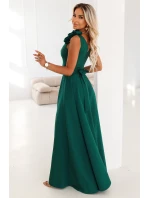 643-1 Elegantné večerné maxi šaty s rozparkom a ružami - fľaškovo zelené