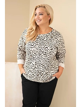 Dámska blúzka vo veľkosti Plus Size s leopardím vzorom a predĺženým zadným dielom, béžová Dámska blúzka vo veľkosti Plus Size s leopardím vzorom a predĺženým zadným dielom, béžová