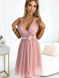523-1 Tylové šaty s výstrihom a mašľou - BRUCE PINK