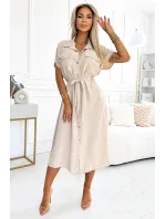 550-1 Midi košeľa so zlatými gombíkmi, kravatou a krátkymi rukávmi - béžová 550-1 Midi košeľa so zlatými gombíkmi, kravatou a krátkymi rukávmi - béžová