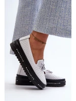 Mokasyny Damskie Skórzane Na Platformie S.Barski LR400 Białe