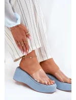 Klapki Damskie Z Transparentnym Paskiem Na Koturnie Jeansowe Meltiana