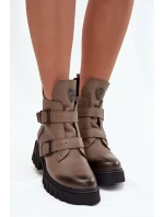Dámske kožené zateplené členkové topánky s prackami a ozdobnými detailmi Zazoo 60482 dark beige
