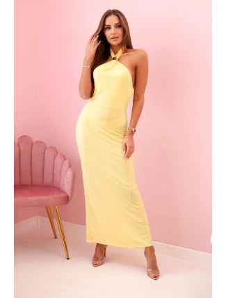 Dámske maxi šaty s odhaleným chrbtom a volánom - žlté