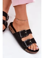 Klapki Damskie Z Klamrami Na Korkowej Podeszwie Czarne Sercele