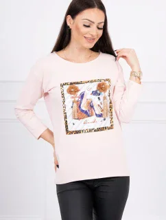 Blúzka s 3D grafikou a zdobenými volánikmi púdrovo ružová
