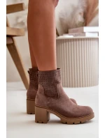 Botki Damskie Na Słupku Zapinane Na Zamek Eko Zamszowe Brązowe Rashmi