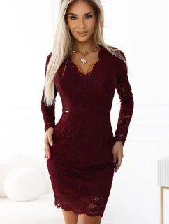170-14 Čipkované šaty s dlhými rukávmi a výstrihom - DARK bordová