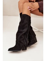 Kozaki Kowbojki Damskie Z Frędzlami Na Słupku Czarne Tivara